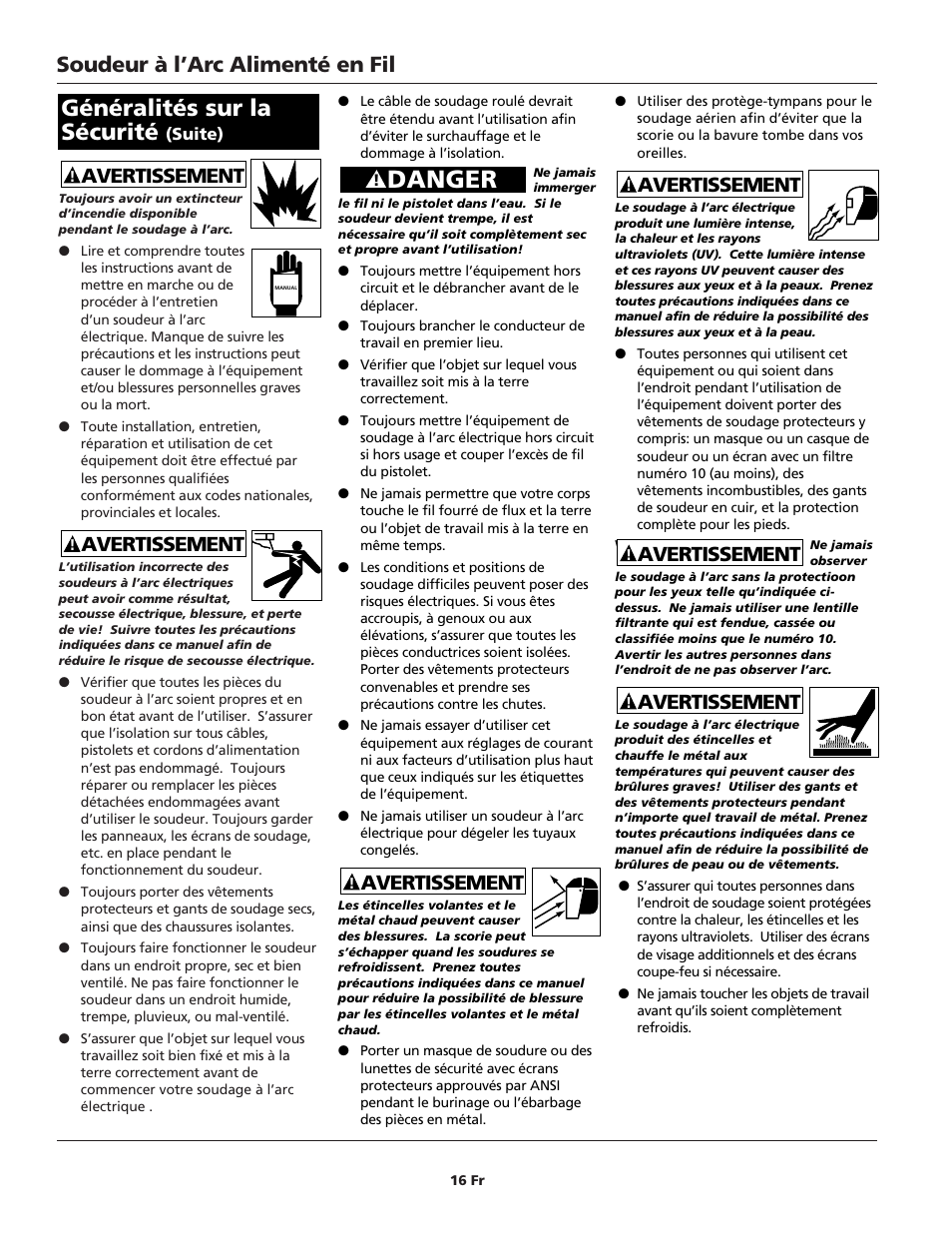 Danger, Généralités sur la sécurité, Soudeur à l’arc alimenté en fil | Avertissement | Campbell Hausfeld WG2040 User Manual | Page 16 / 44