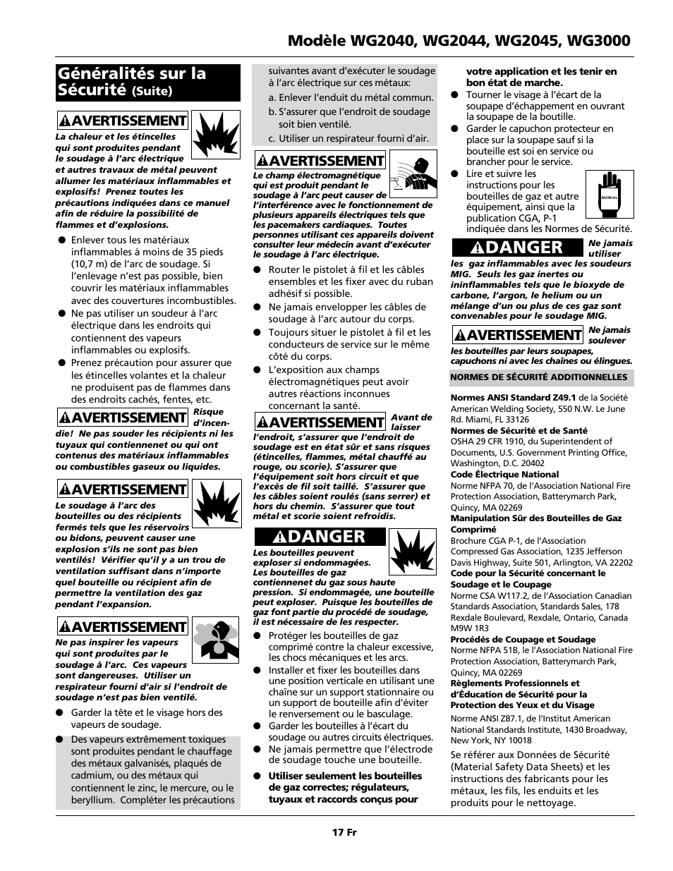 Danger, Généralités sur la sécurité, Avertissement | Campbell Hausfeld WG2040 User Manual | Page 17 / 44