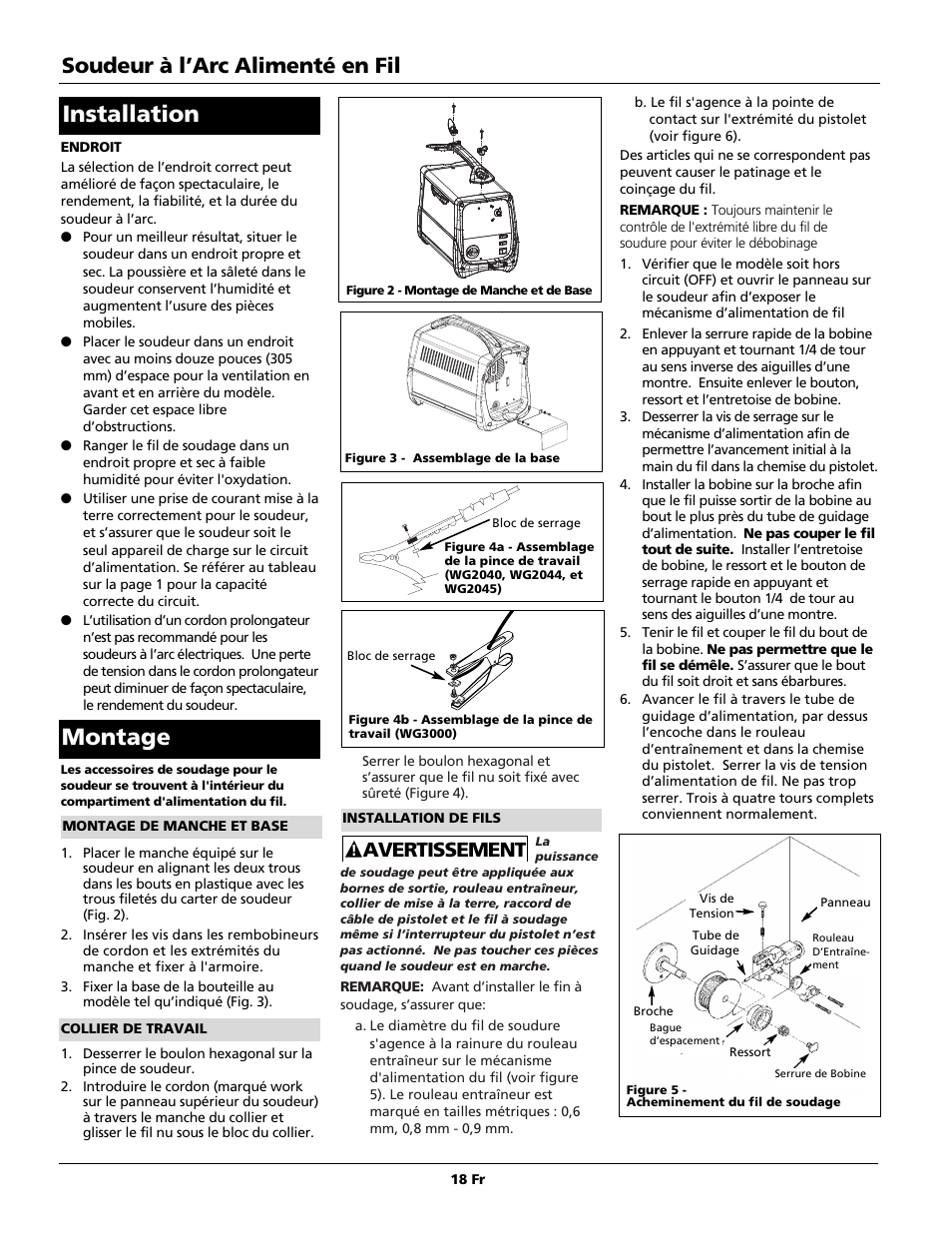 Montage installation, Soudeur à l’arc alimenté en fil, Avertissement | Campbell Hausfeld WG2040 User Manual | Page 18 / 44