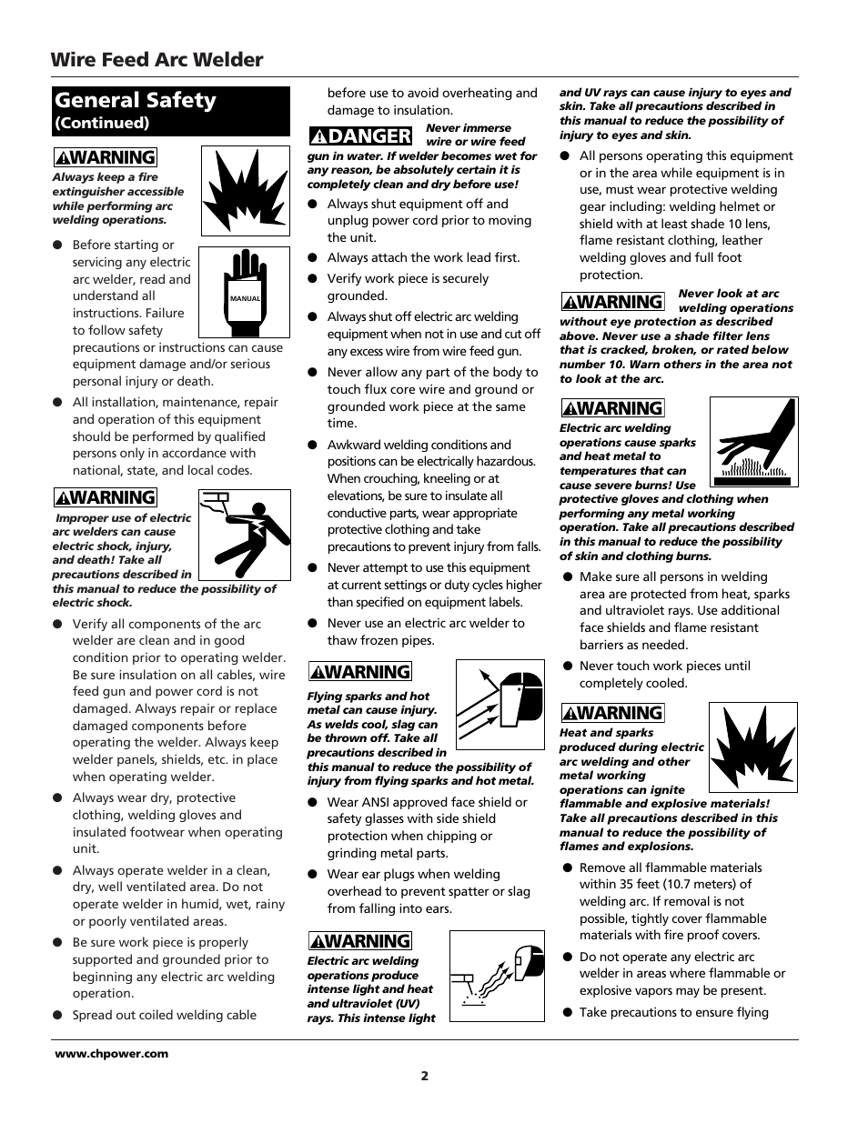 General safety, Wire feed arc welder, Danger | Warning | Campbell Hausfeld WG2040 User Manual | Page 2 / 44