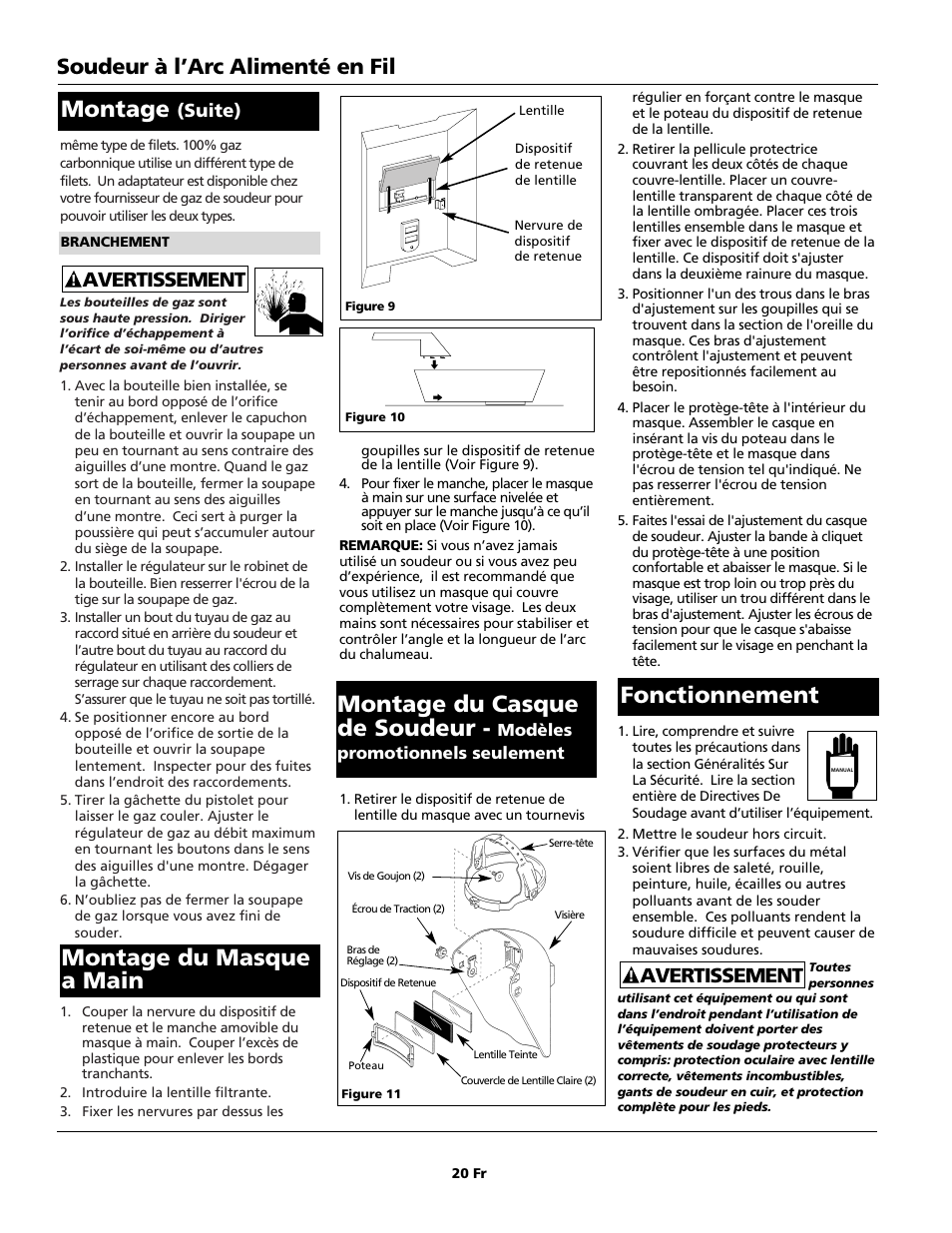 Montage, Fonctionnement, Soudeur à l’arc alimenté en fil | Avertissement, Suite) | Campbell Hausfeld WG2040 User Manual | Page 20 / 44