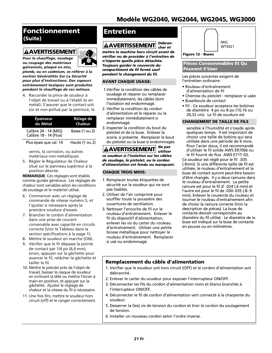 Entretien, Fonctionnement, Avertissement | Suite) | Campbell Hausfeld WG2040 User Manual | Page 21 / 44