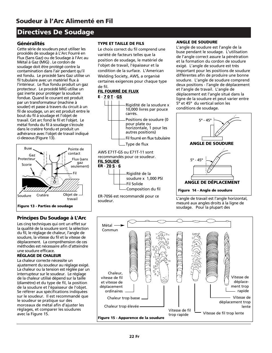 Directives de soudage, Soudeur à l’arc alimenté en fil, Généralités | Principes du soudage à l’arc | Campbell Hausfeld WG2040 User Manual | Page 22 / 44