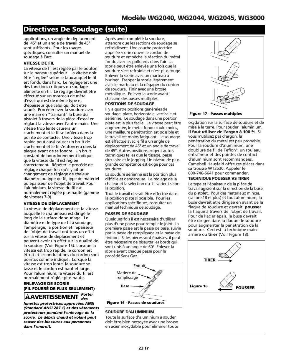 Directives de soudage (suite), Avertissement | Campbell Hausfeld WG2040 User Manual | Page 23 / 44