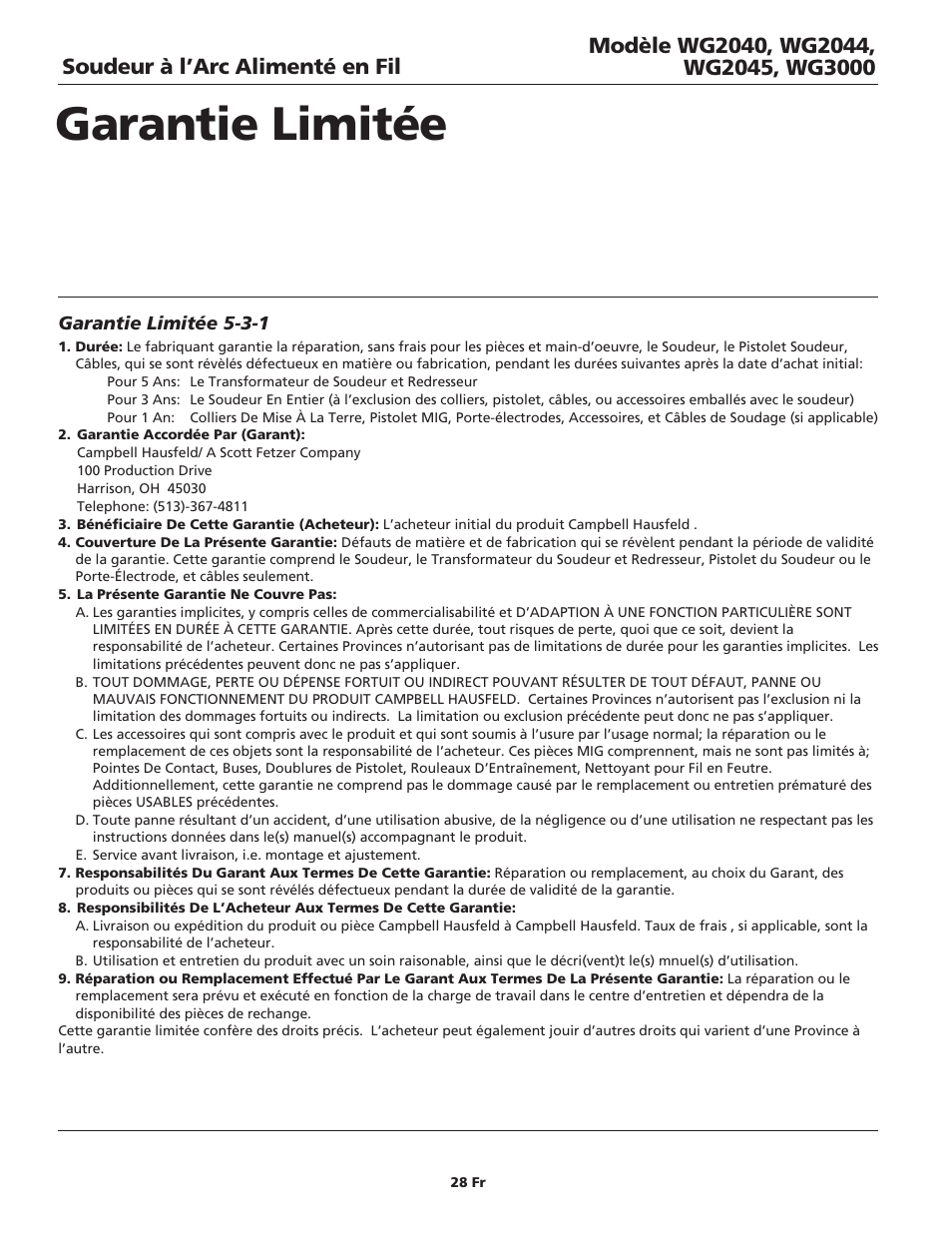 Garantie limitée | Campbell Hausfeld WG2040 User Manual | Page 28 / 44