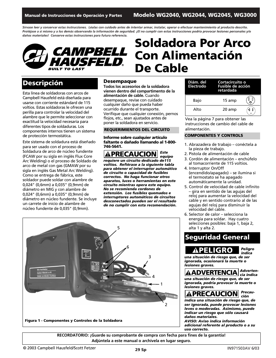 Soldadora por arco con alimentación de cable, Peligro, Precaucion | Advertencia, Descripción, Seguridad general | Campbell Hausfeld WG2040 User Manual | Page 29 / 44