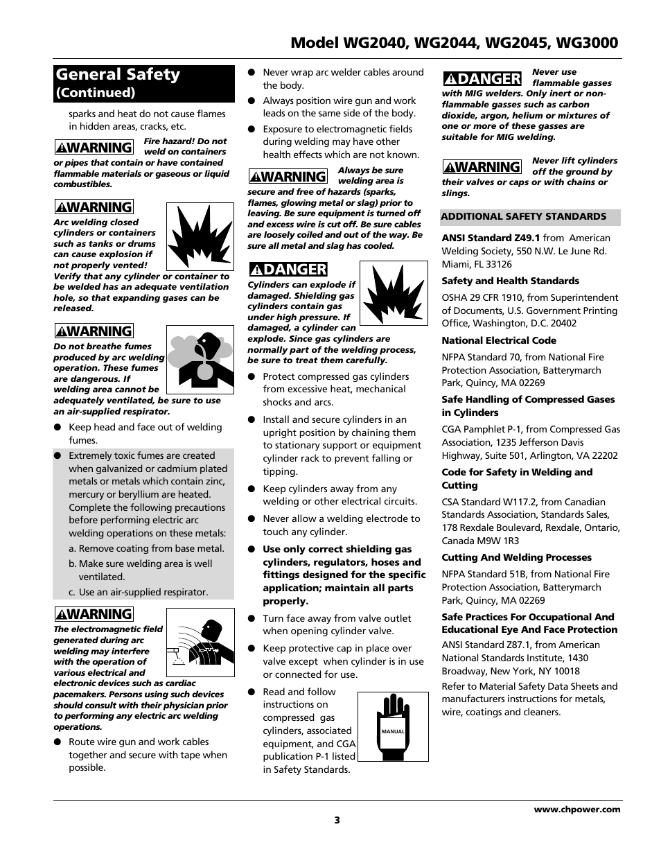 General safety, Danger, Warning | Continued) | Campbell Hausfeld WG2040 User Manual | Page 3 / 44