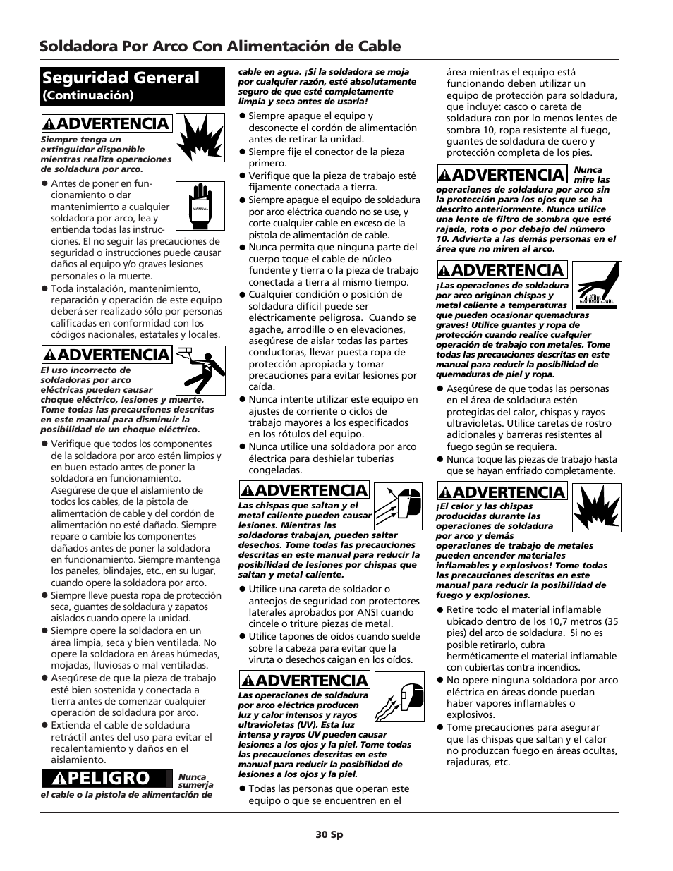 Peligro, Advertencia, Advertencia seguridad general | Soldadora por arco con alimentación de cable | Campbell Hausfeld WG2040 User Manual | Page 30 / 44