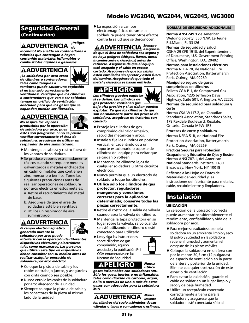 Peligro, Advertencia, Advertencia seguridad general | Instalación | Campbell Hausfeld WG2040 User Manual | Page 31 / 44