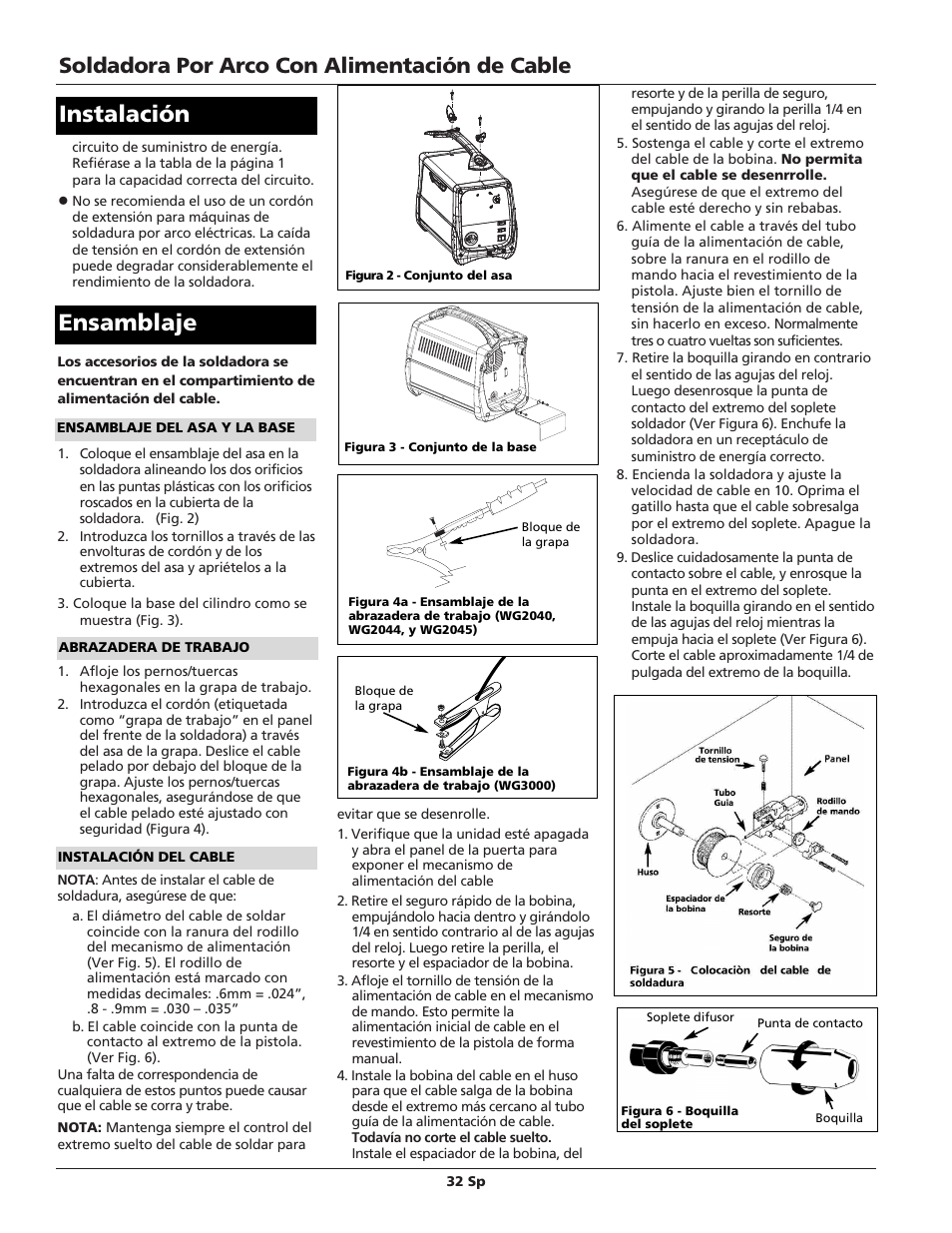 Ensamblaje, Instalación, Soldadora por arco con alimentación de cable | Campbell Hausfeld WG2040 User Manual | Page 32 / 44