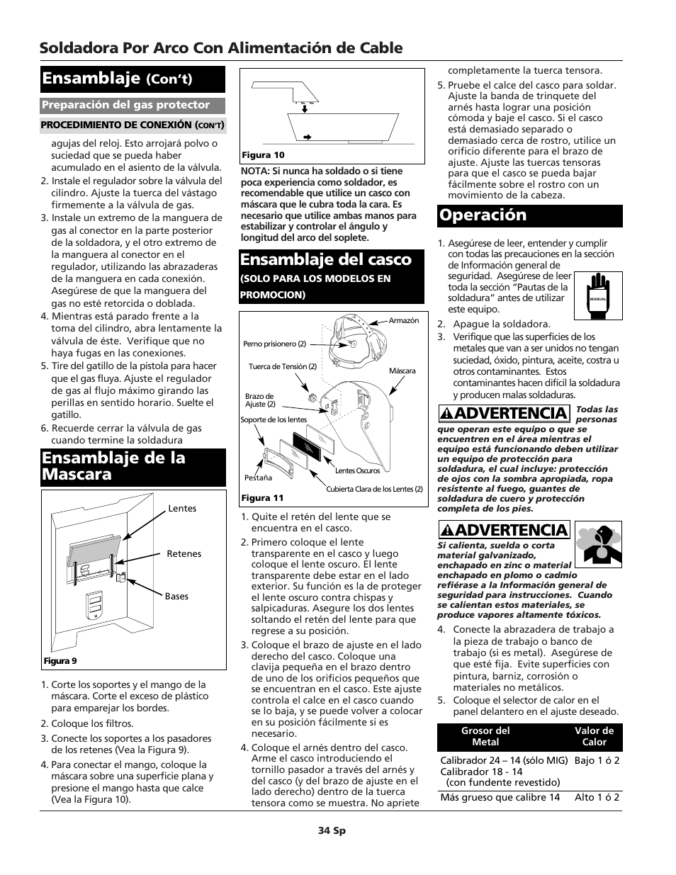 Advertencia, Advertencia ensamblaje, Operación | Ensamblaje del casco, Ensamblaje de la mascara, Soldadora por arco con alimentación de cable, Con’t) | Campbell Hausfeld WG2040 User Manual | Page 34 / 44