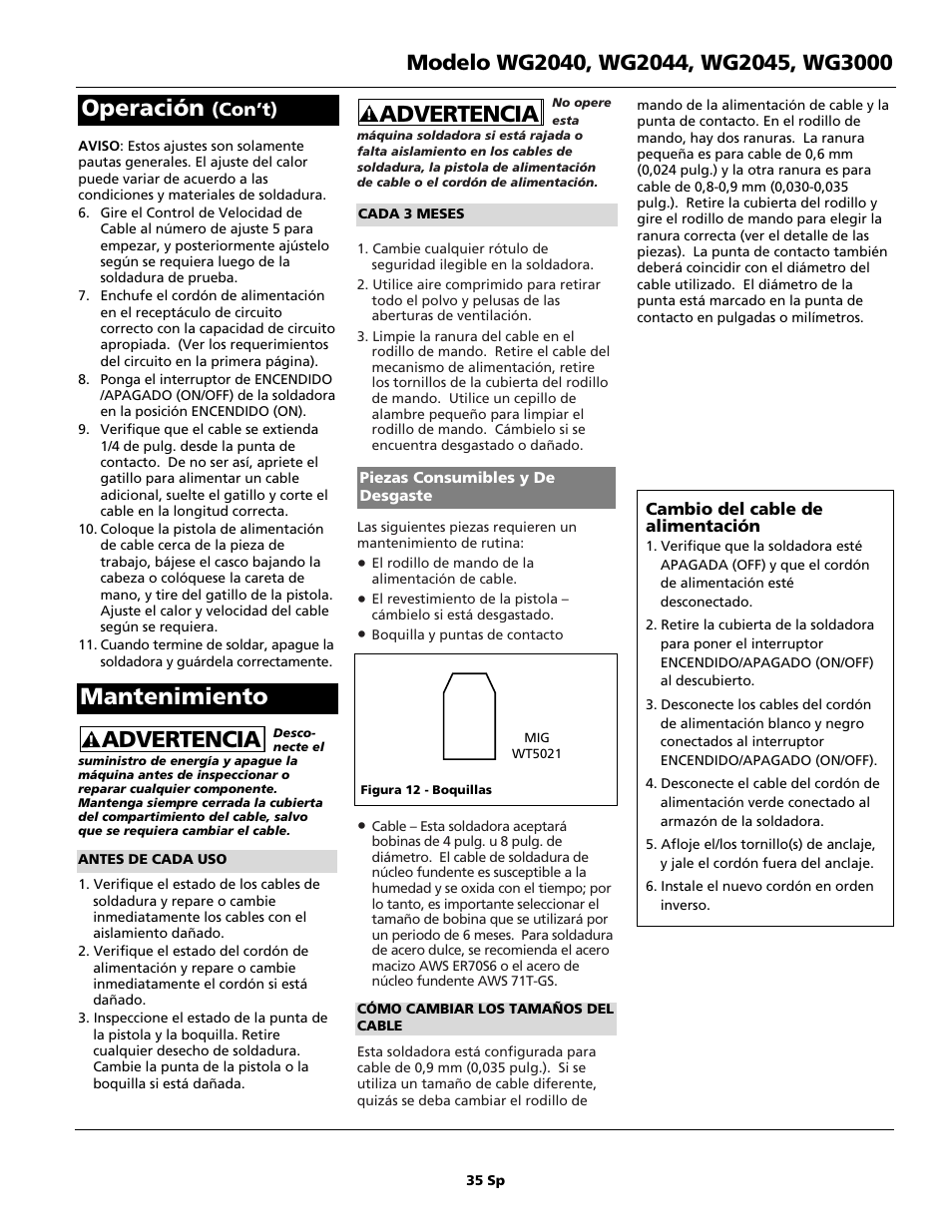 Advertencia, Mantenimiento, Operación | Campbell Hausfeld WG2040 User Manual | Page 35 / 44