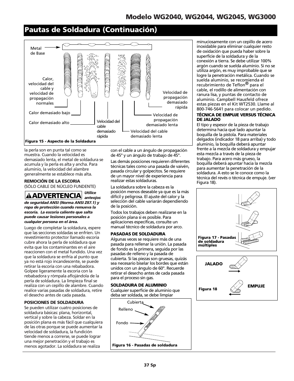 Advertencia pautas de soldadura (continuación) | Campbell Hausfeld WG2040 User Manual | Page 37 / 44