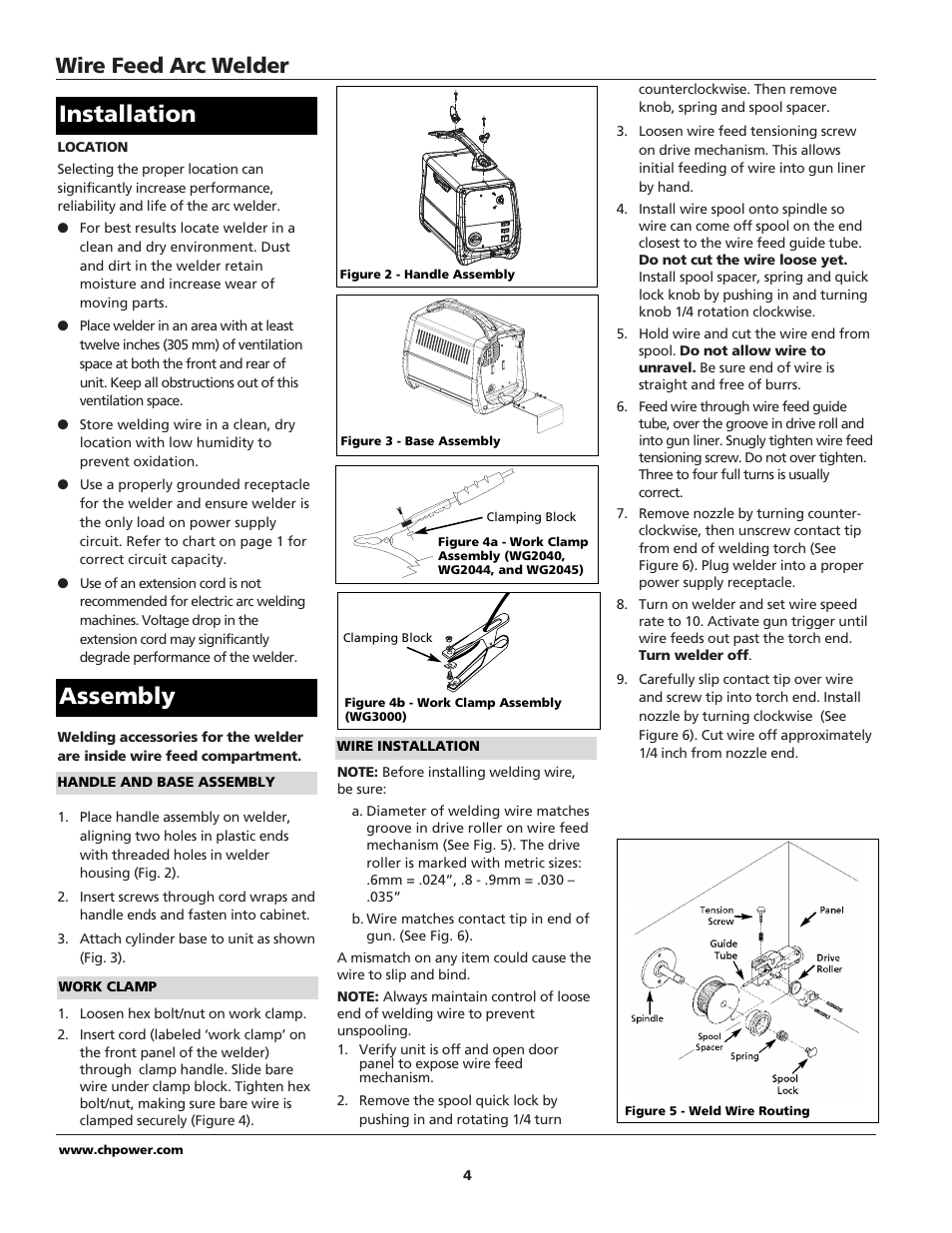 Assembly installation, Wire feed arc welder | Campbell Hausfeld WG2040 User Manual | Page 4 / 44