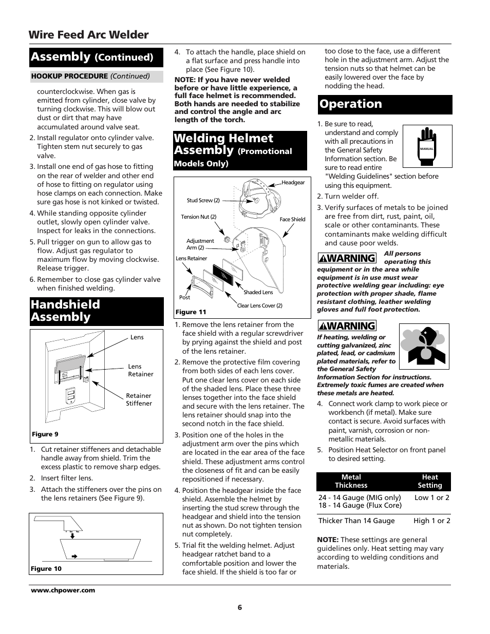 Assembly, Operation, Handshield assembly welding helmet assembly | Wire feed arc welder, Warning, Continued) | Campbell Hausfeld WG2040 User Manual | Page 6 / 44