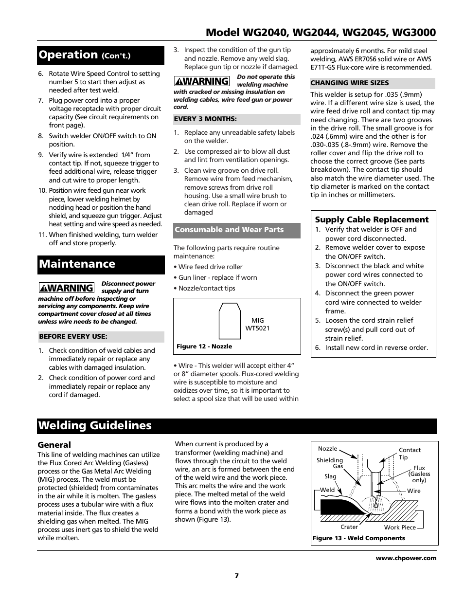 Welding guidelines, Maintenance, Operation | Warning | Campbell Hausfeld WG2040 User Manual | Page 7 / 44