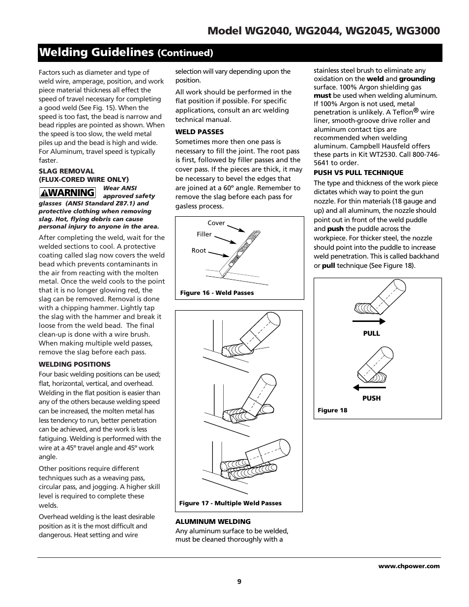 Welding guidelines, Warning, Continued) | Campbell Hausfeld WG2040 User Manual | Page 9 / 44