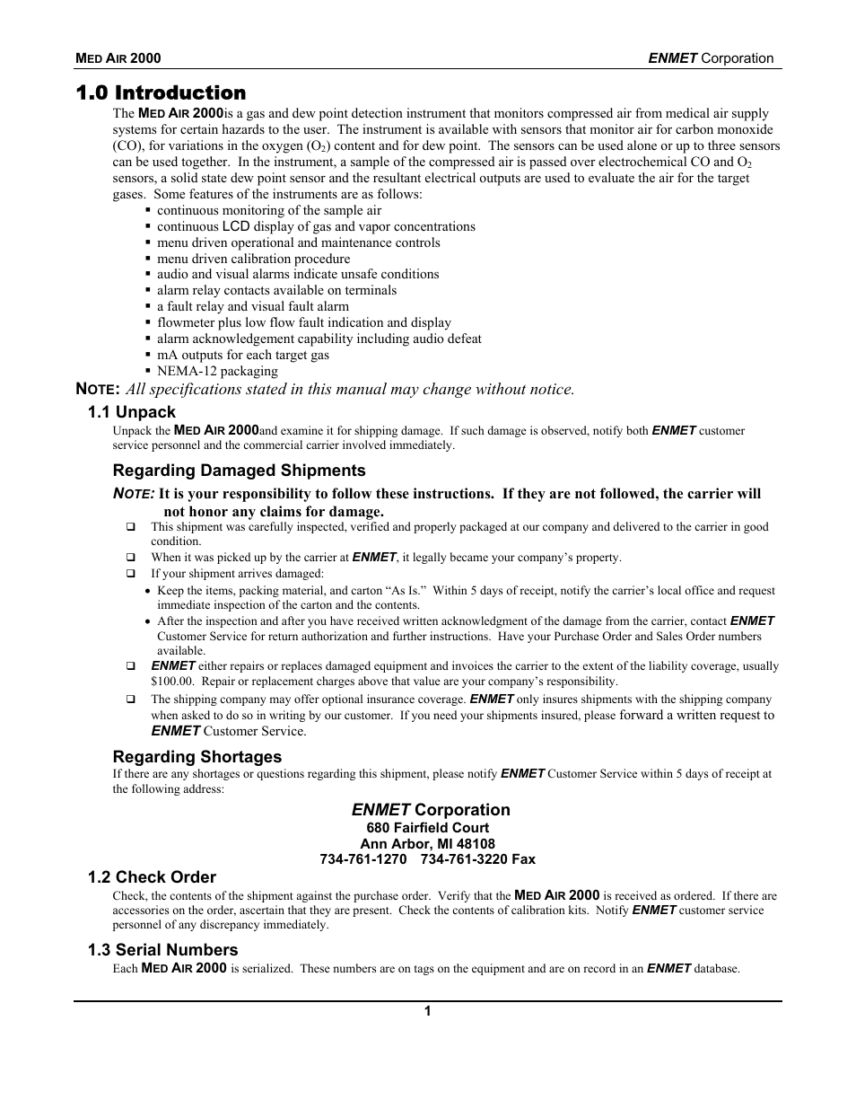 0 introduction, Regarding damaged shipments, Regarding shortages | Enmet corporation, 2 check order, 3 serial numbers | ENMET MedAir 2000 User Manual | Page 5 / 30