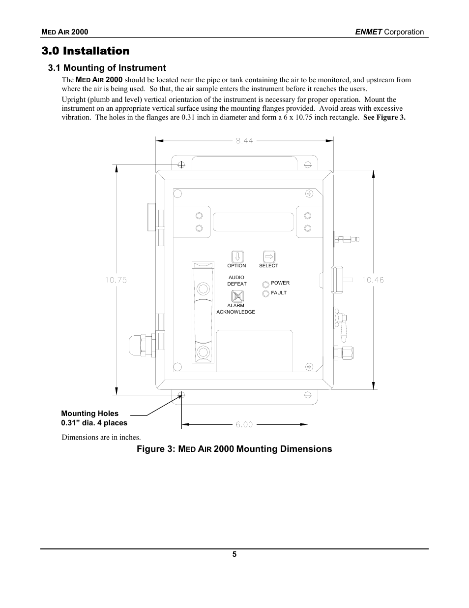 0 installation, 1 mounting of instrument, Figure 3: m | Mounting dimensions | ENMET MedAir 2000 User Manual | Page 9 / 30