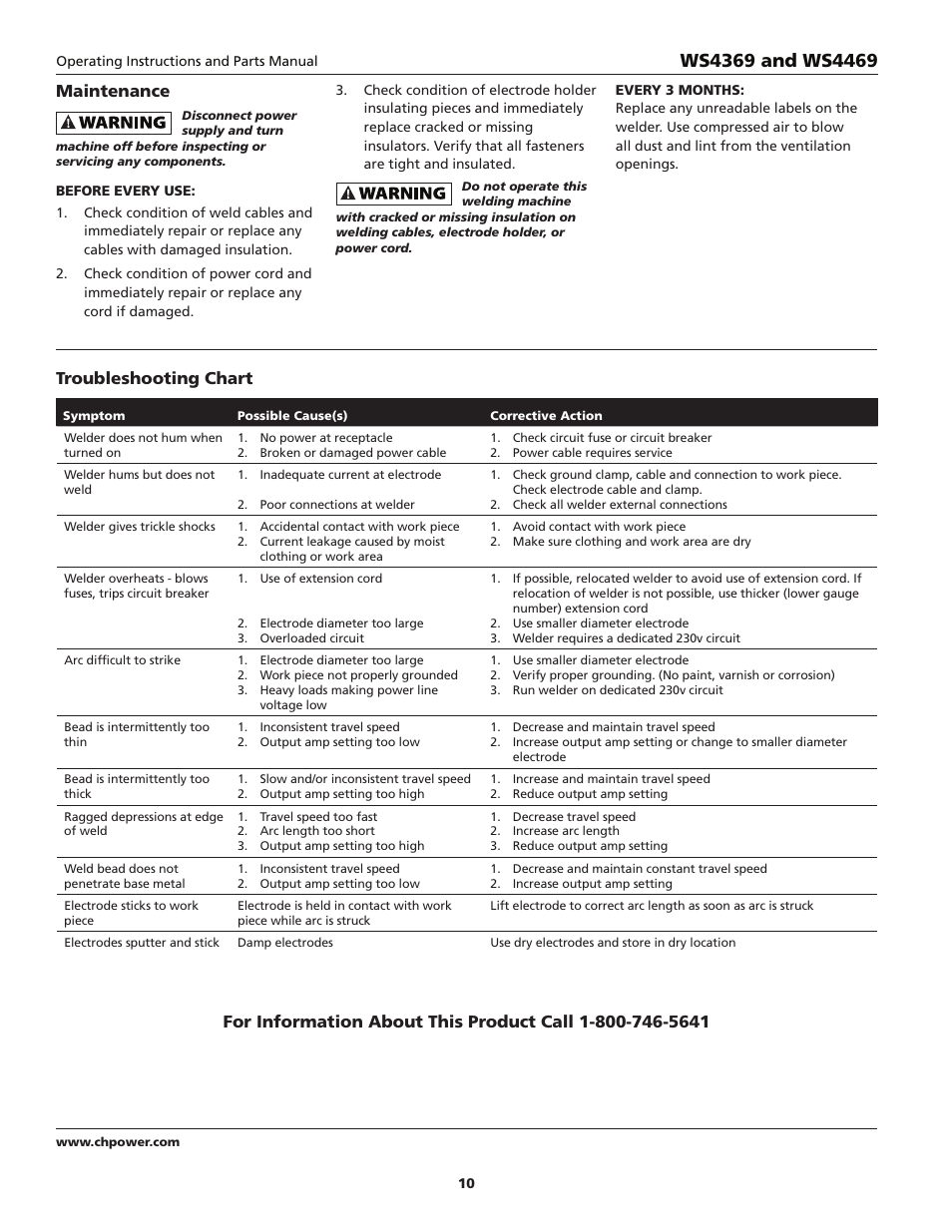 Maintenance, Troubleshooting chart | Campbell Hausfeld WS4369 User Manual | Page 10 / 48