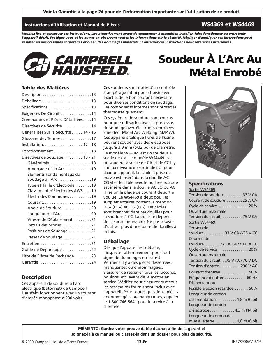 Soudeur à l’arc au métal enrobé | Campbell Hausfeld WS4369 User Manual | Page 13 / 48