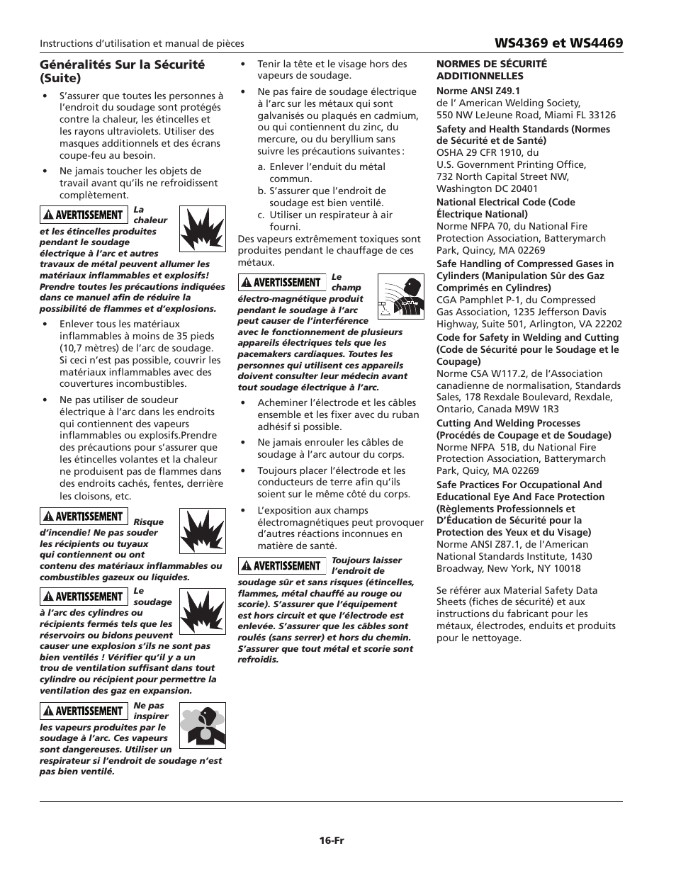 Généralités sur la sécurité (suite) | Campbell Hausfeld WS4369 User Manual | Page 16 / 48