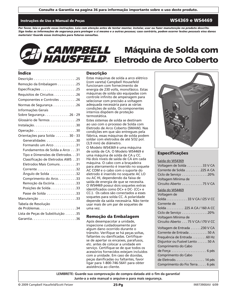 Máquina de solda com eletrodo de arco coberto | Campbell Hausfeld WS4369 User Manual | Page 25 / 48