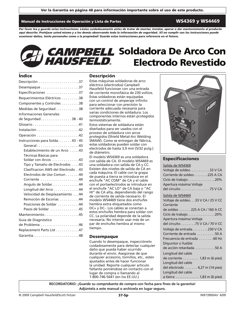 Soldadora de arco con electrodo revestido | Campbell Hausfeld WS4369 User Manual | Page 37 / 48