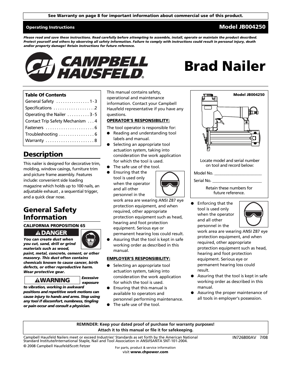 Campbell Hausfeld JB004250 User Manual | 24 pages