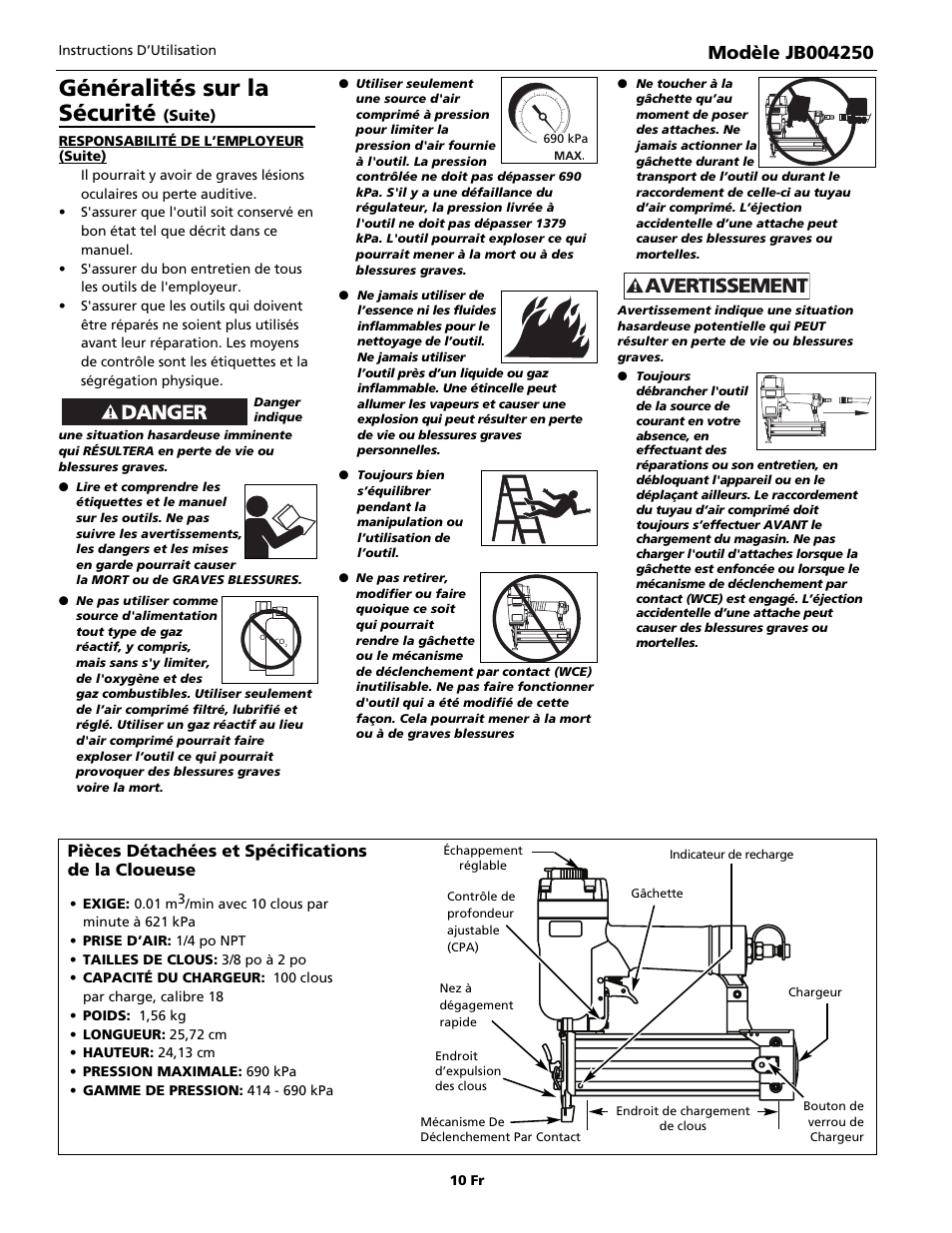 Généralités sur la sécurité, Pièces détachées et spécifications de la cloueuse | Campbell Hausfeld JB004250 User Manual | Page 10 / 24
