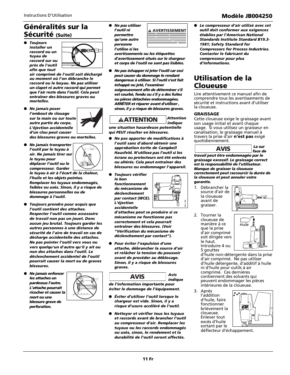 Utilisation de la cloueuse, Généralités sur la sécurité | Campbell Hausfeld JB004250 User Manual | Page 11 / 24