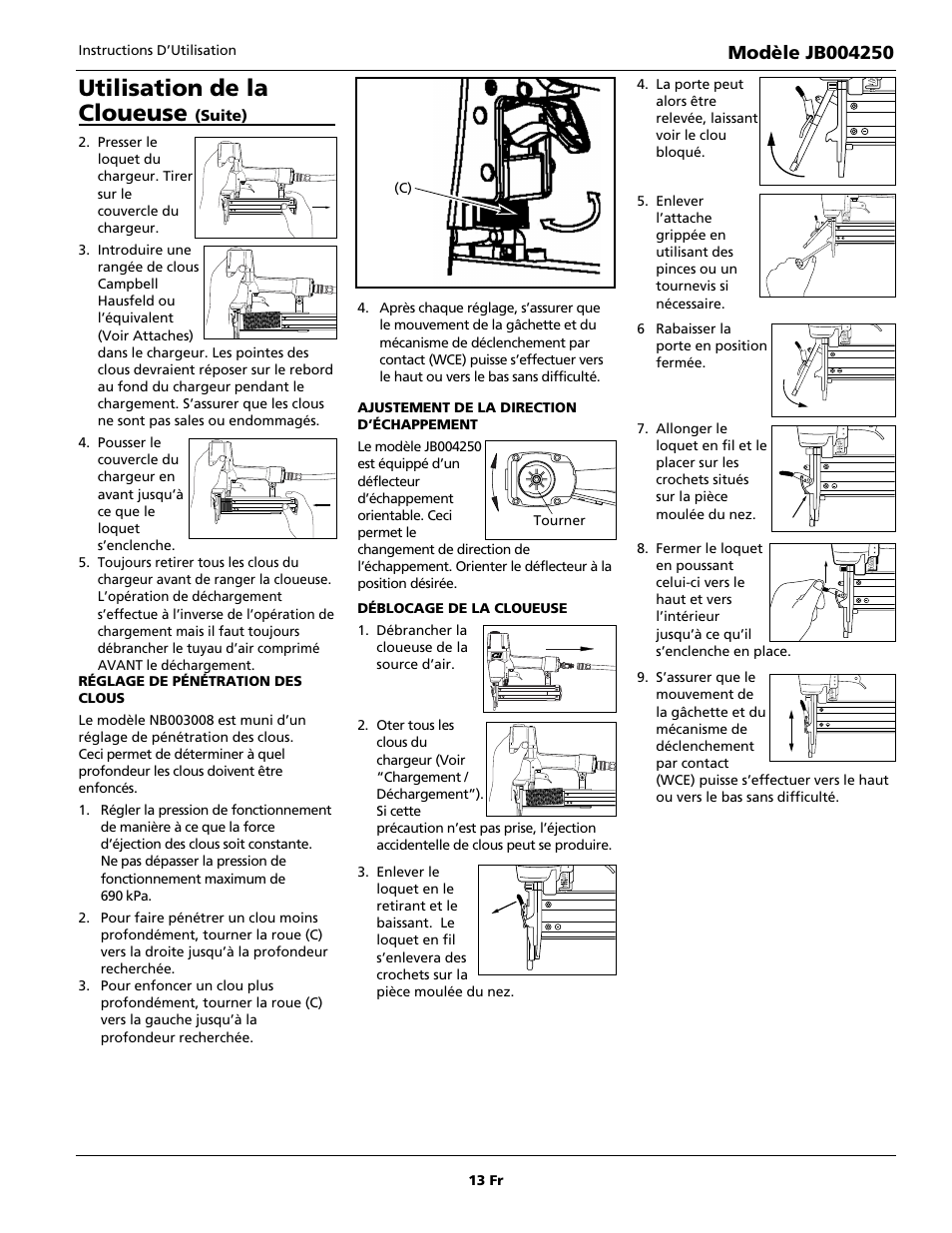 Utilisation de la cloueuse | Campbell Hausfeld JB004250 User Manual | Page 13 / 24