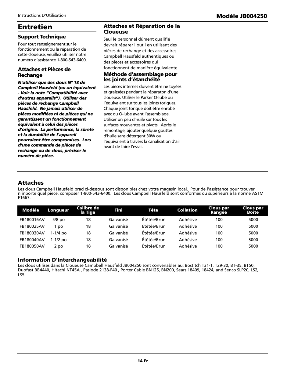 Entretien, Attaches | Campbell Hausfeld JB004250 User Manual | Page 14 / 24