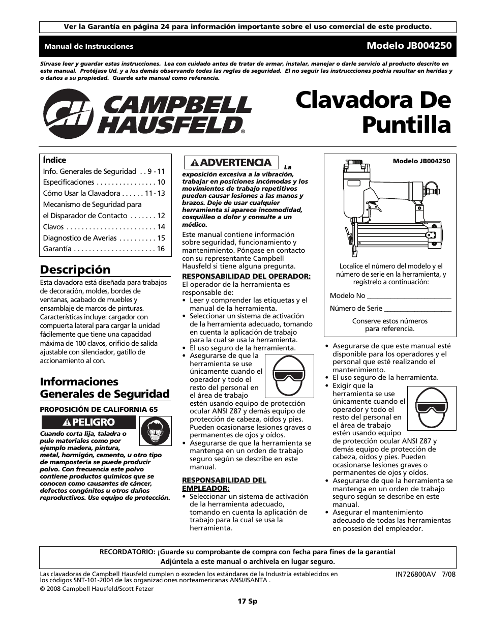 Clavadora de puntilla, Descripción, Informaciones generales de seguridad | Campbell Hausfeld JB004250 User Manual | Page 17 / 24