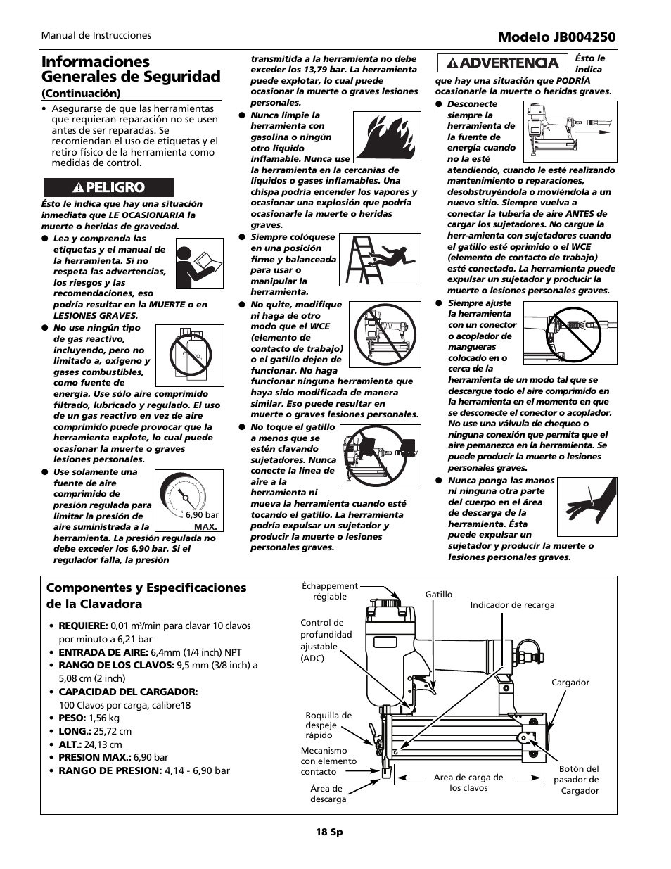 Informaciones generales de seguridad, Componentes y especificaciones de la clavadora | Campbell Hausfeld JB004250 User Manual | Page 18 / 24