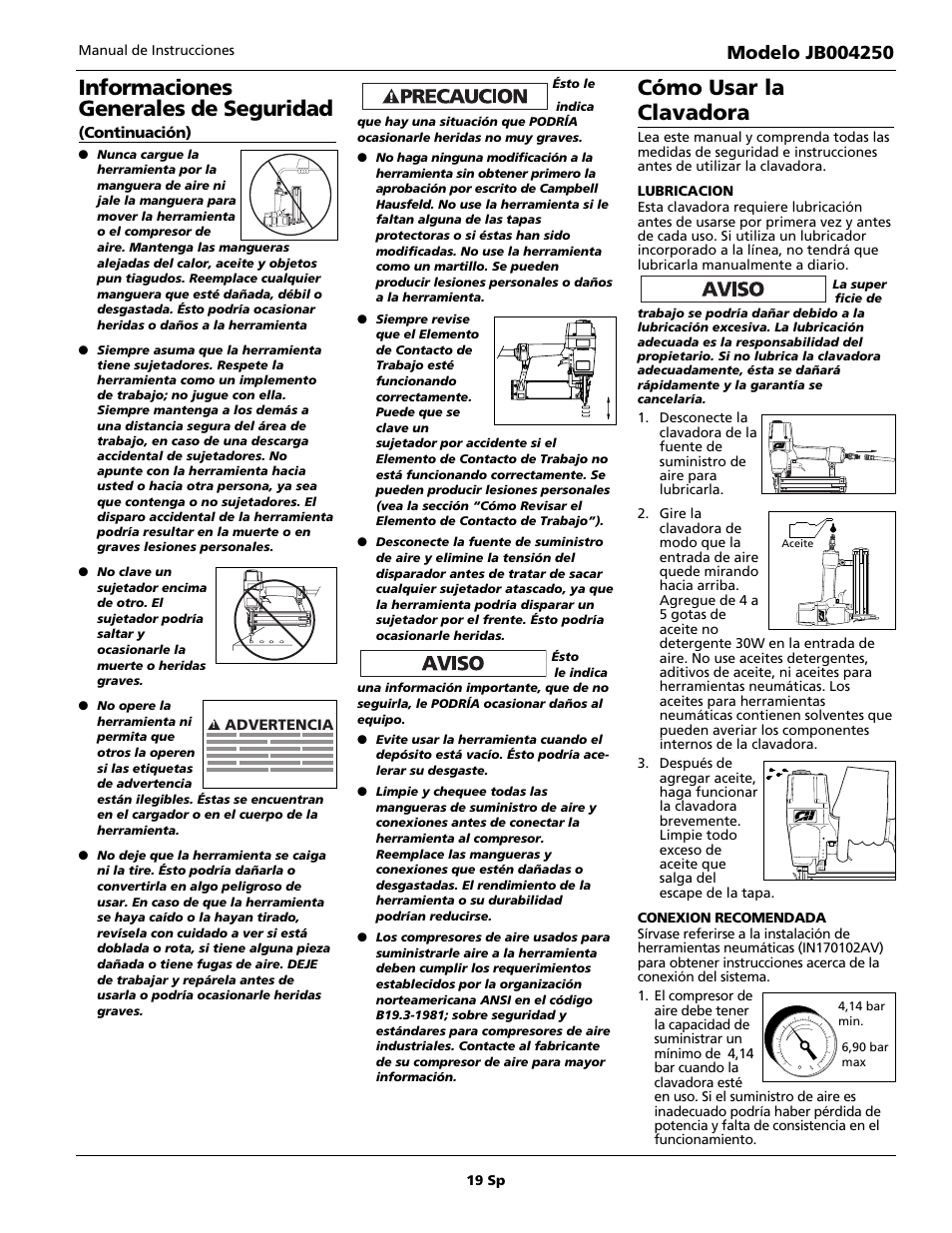 Cómo usar la clavadora, Informaciones generales de seguridad | Campbell Hausfeld JB004250 User Manual | Page 19 / 24