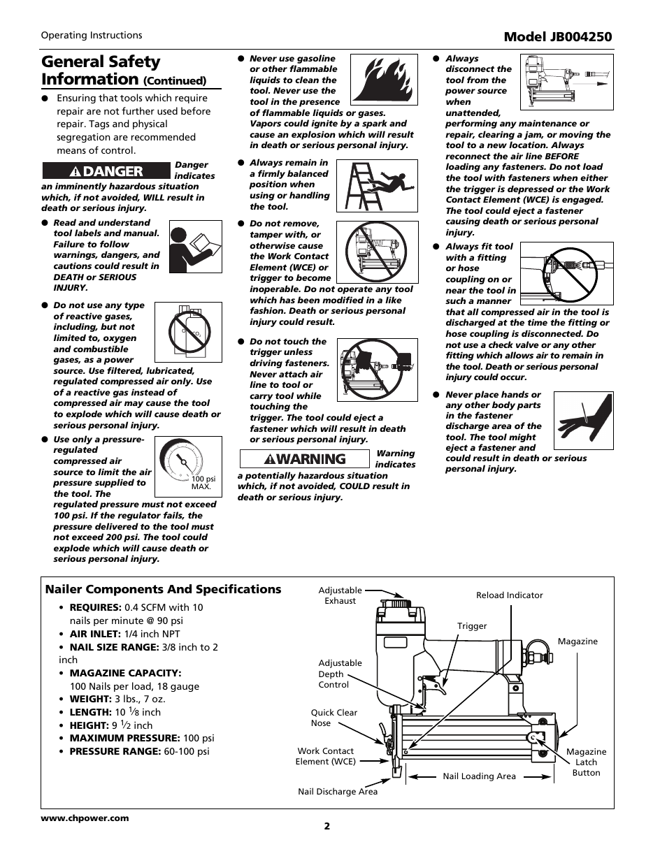 General safety information, Nailer components and specifications | Campbell Hausfeld JB004250 User Manual | Page 2 / 24