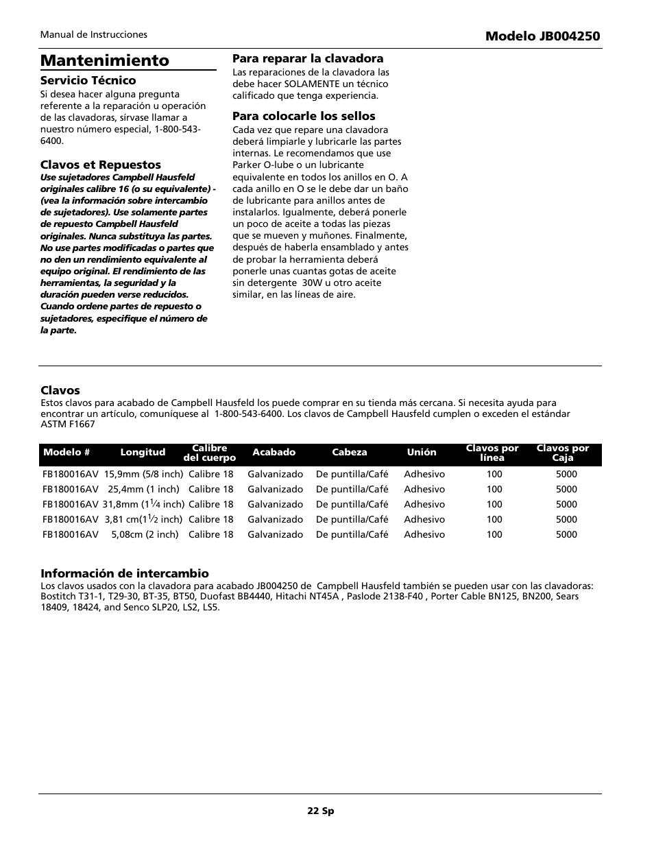 Mantenimiento | Campbell Hausfeld JB004250 User Manual | Page 22 / 24