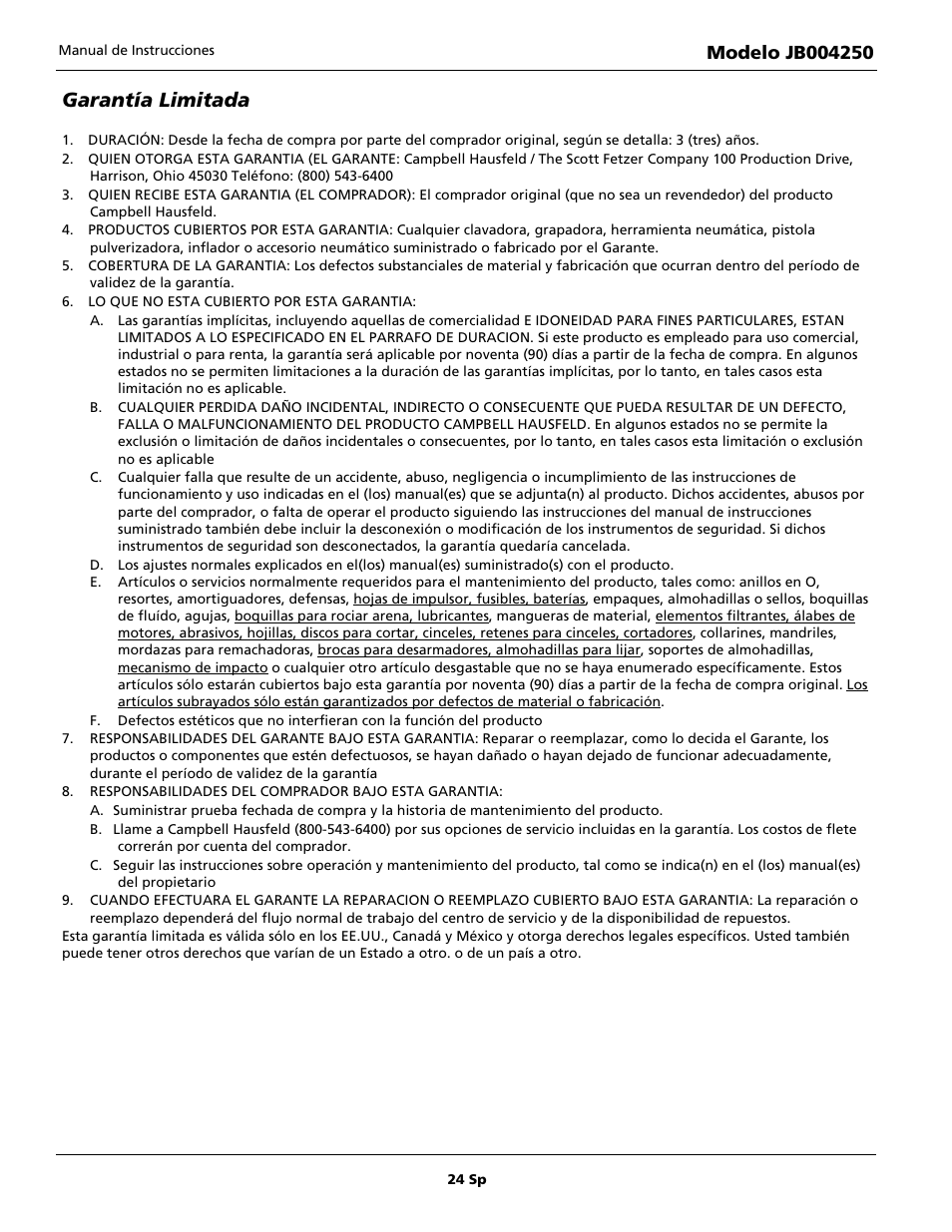 Garantía limitada | Campbell Hausfeld JB004250 User Manual | Page 24 / 24