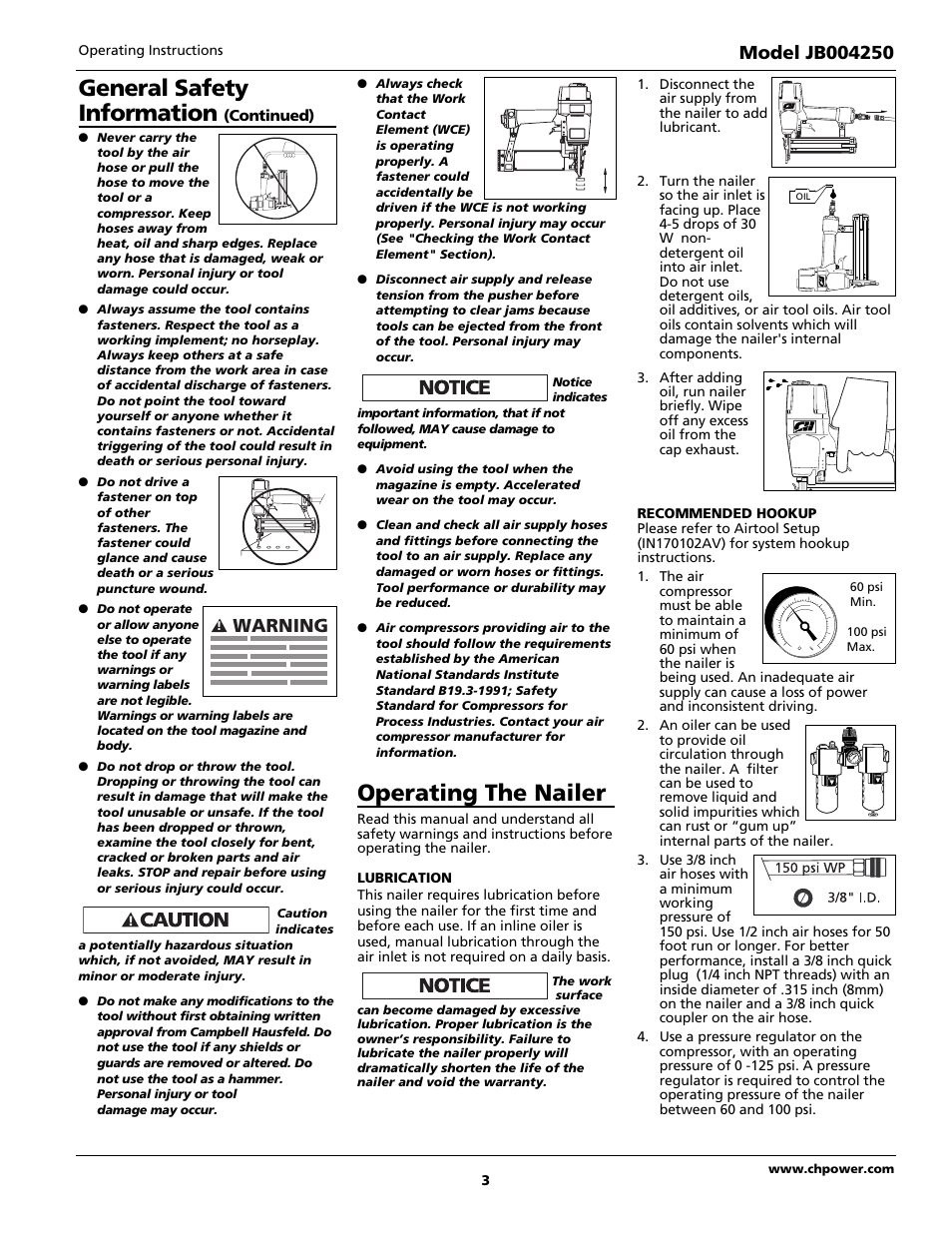 Operating the nailer, General safety information, Warning | Campbell Hausfeld JB004250 User Manual | Page 3 / 24