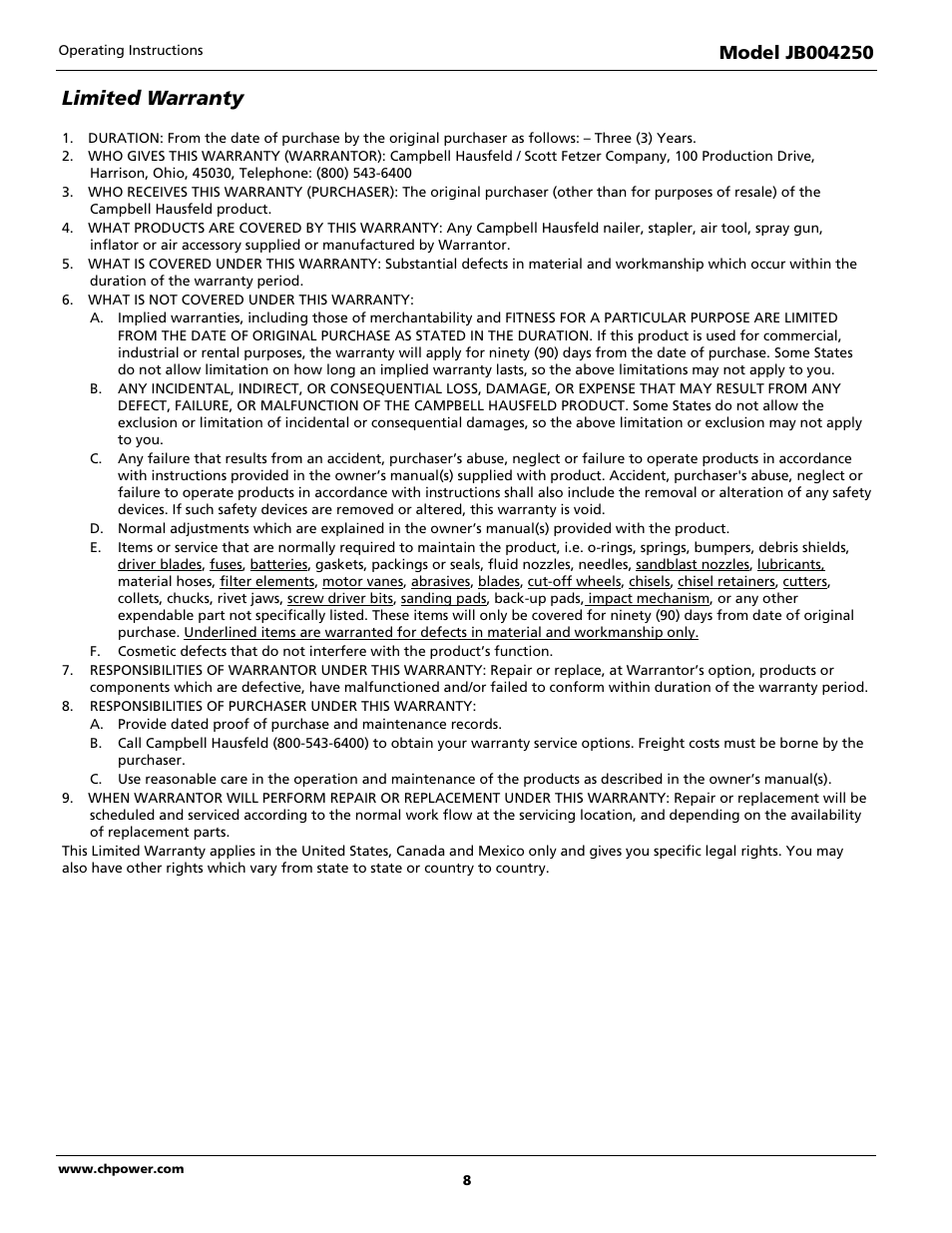 Limited warranty | Campbell Hausfeld JB004250 User Manual | Page 8 / 24