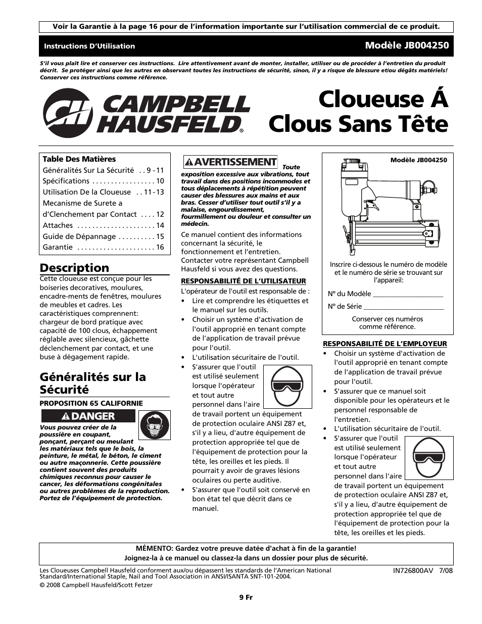 Cloueuse á clous sans tête, Description, Généralités sur la sécurité | Campbell Hausfeld JB004250 User Manual | Page 9 / 24