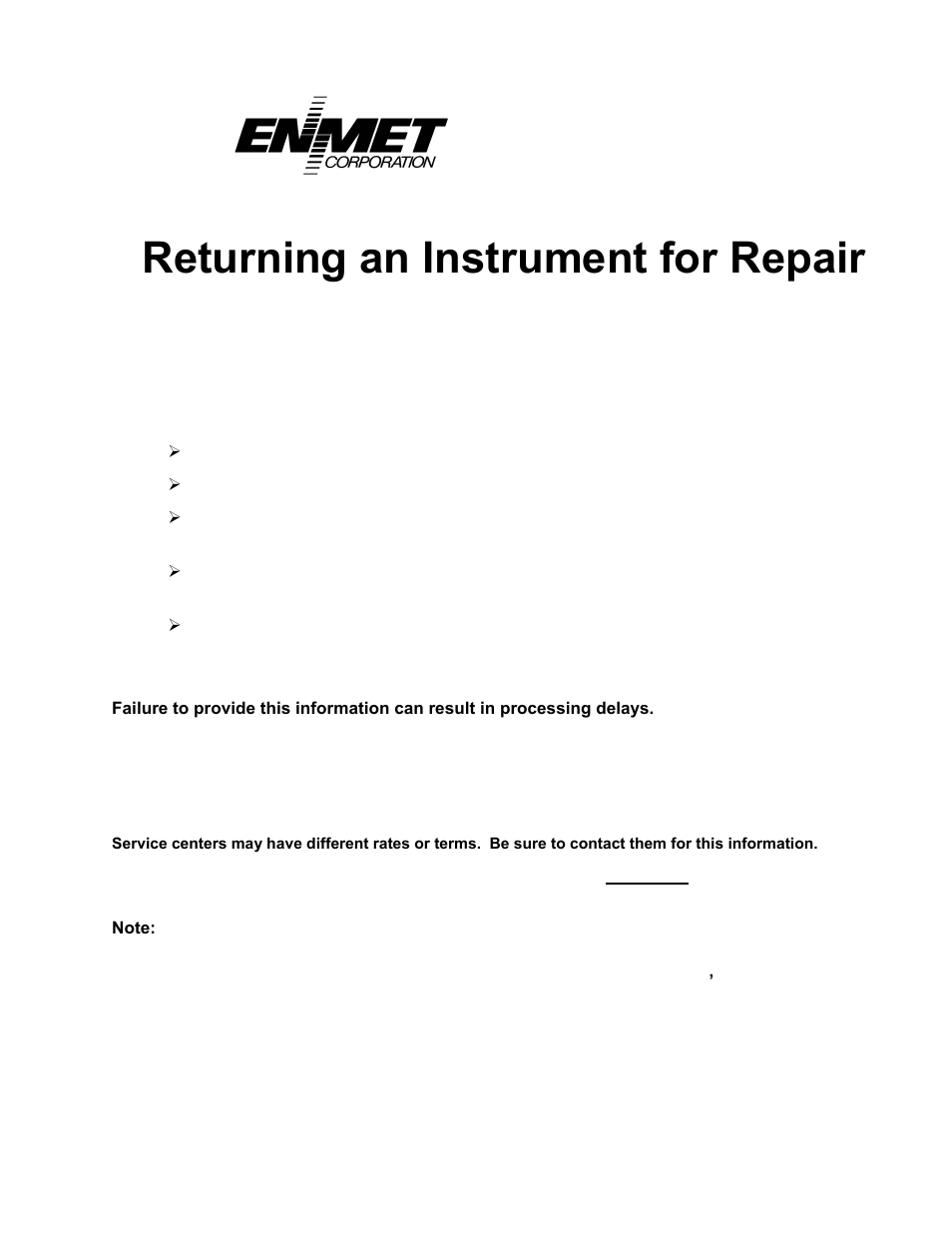 Returning an instrument for repair | ENMET EX-5175 User Manual | Page 17 / 20