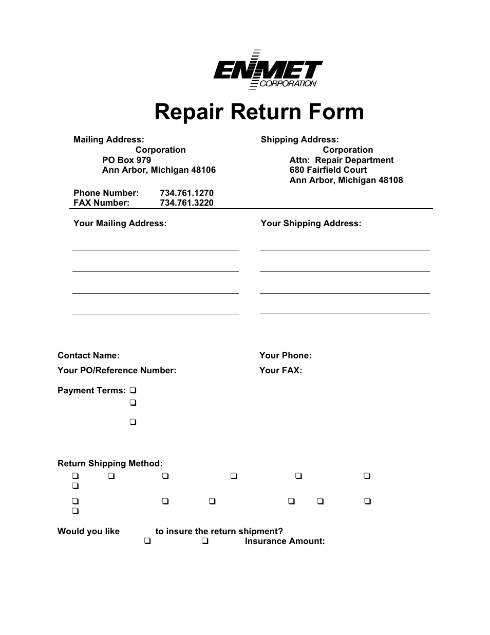 Repair return form | ENMET EX-5175 User Manual | Page 19 / 20