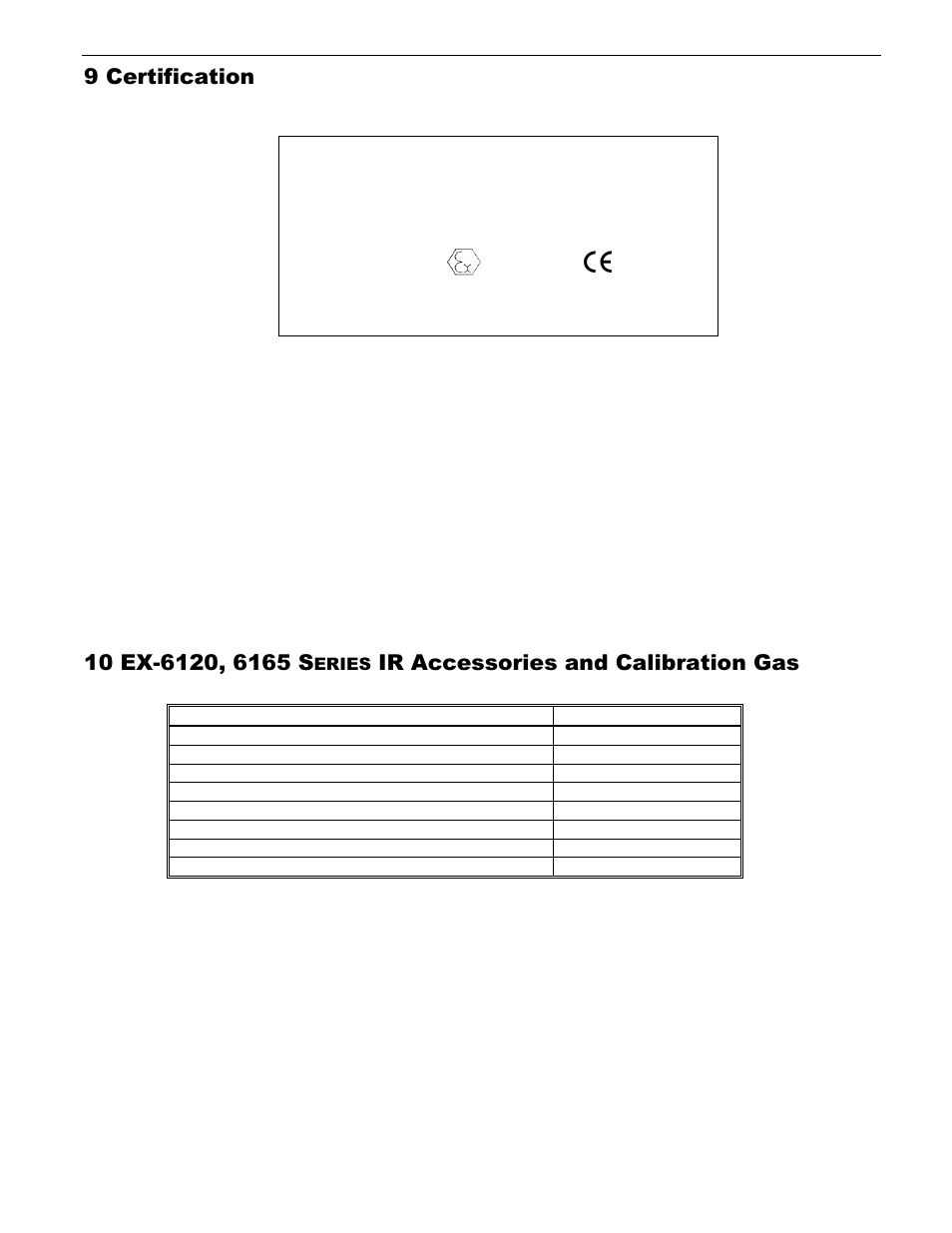 9 certification, Ir accessories and calibration gas, Eries | ENMET EX-6165 User Manual | Page 17 / 27