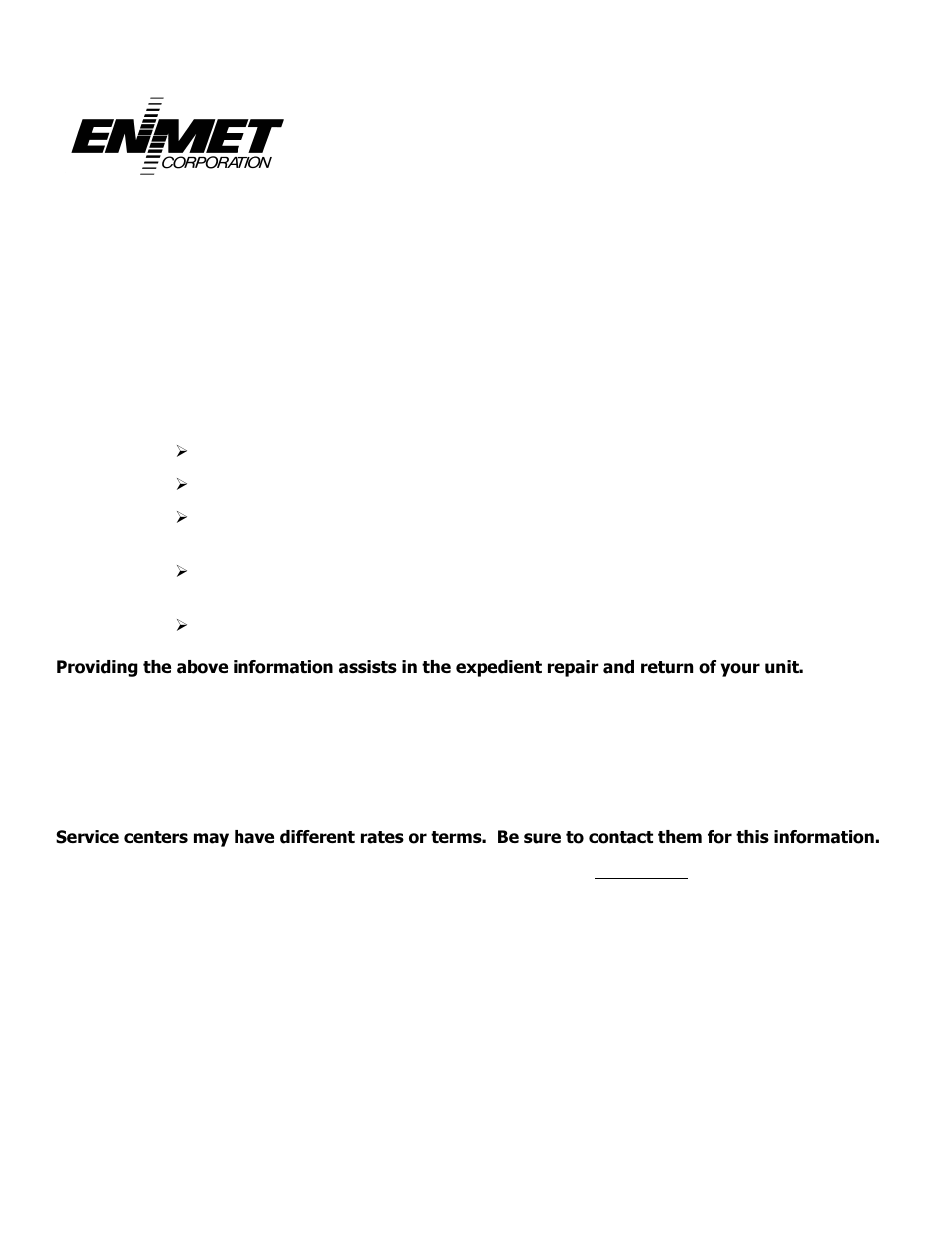 Returning an instrument for repair | ENMET IR-6000 User Manual | Page 10 / 11