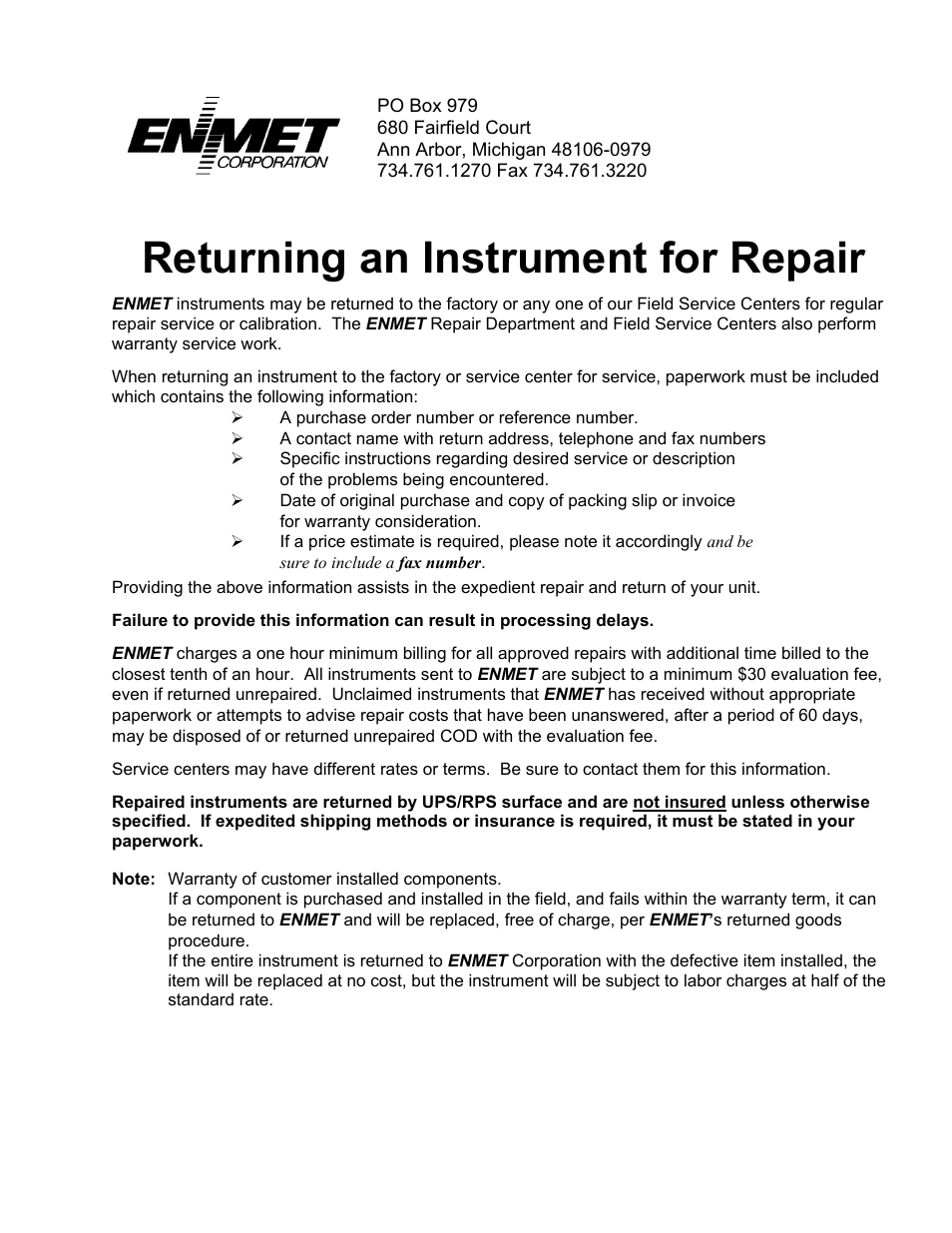 Returning an instrument for repair | ENMET GS-24-DF Gas Sampler User Manual | Page 13 / 16