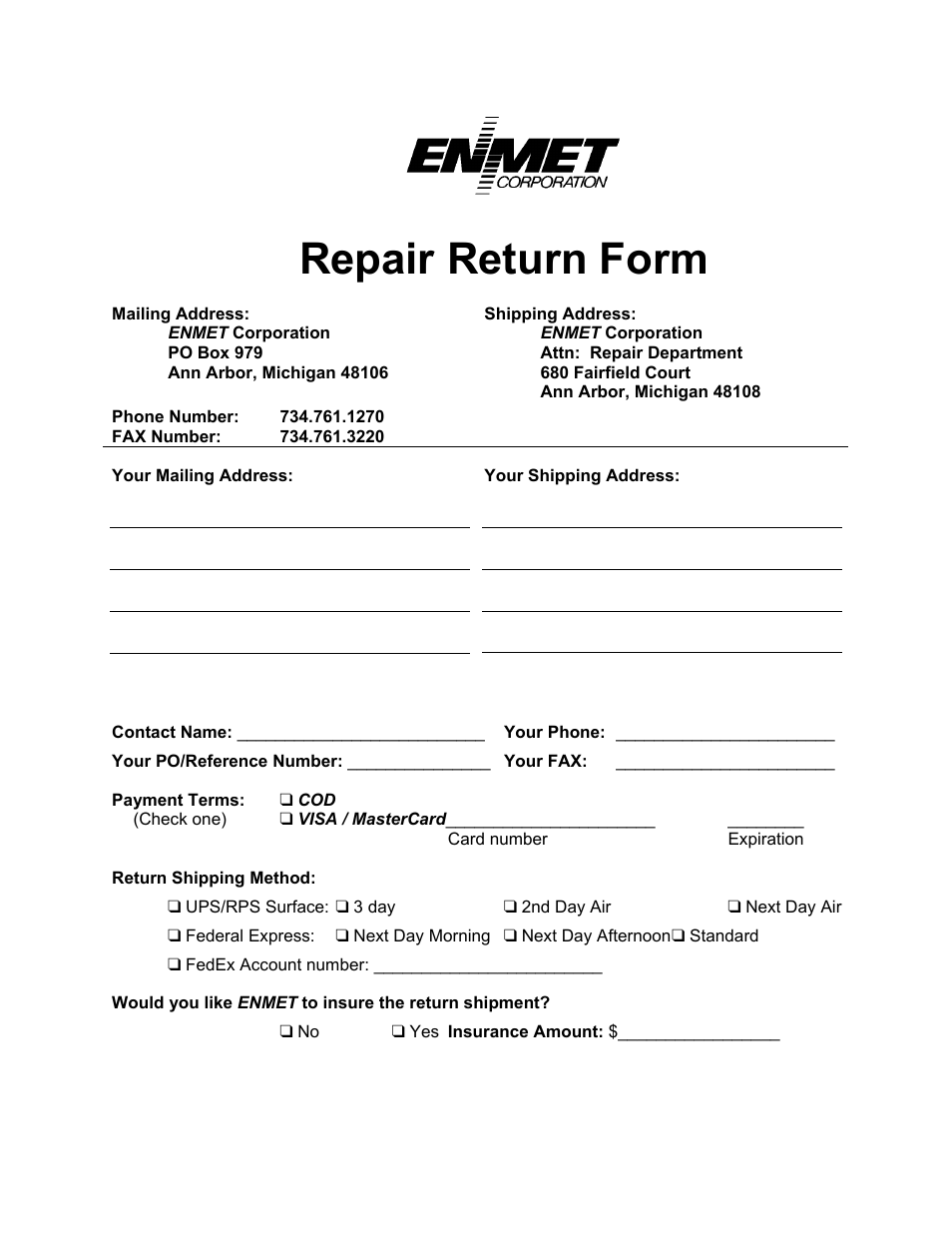 Repair return form | ENMET GS-24-DF Gas Sampler User Manual | Page 15 / 16