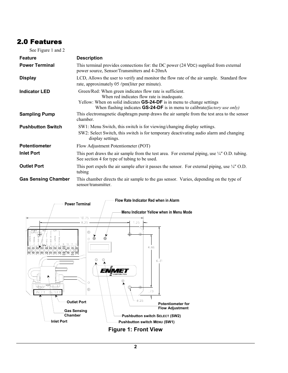 0 features, Figure 1: front view | ENMET GS-24-DF Gas Sampler User Manual | Page 6 / 16