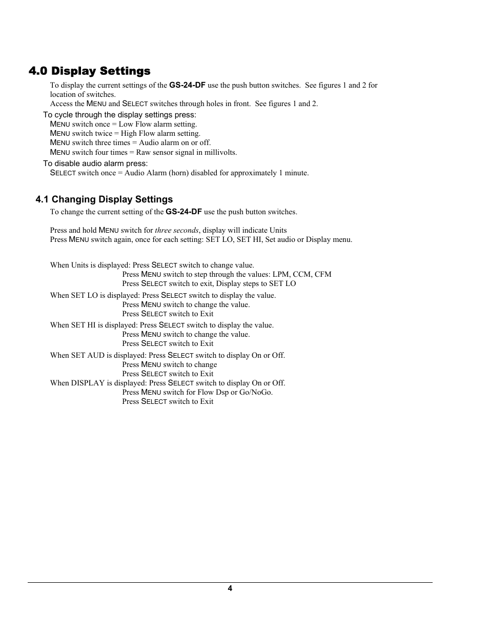 0 display settings, 1 changing display settings | ENMET GS-24-DF Gas Sampler User Manual | Page 8 / 16